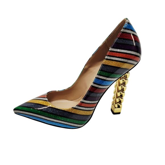 FSJ Womens Pointed Toe Chain Heel Striped Multicolor Pumps Size 8 - Picture 8 of 11